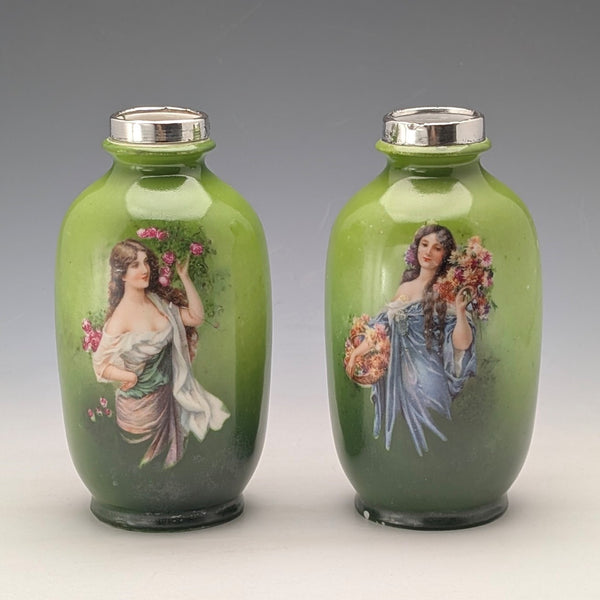 1910 年英國古董陶器女人畫花瓶一對純銀裝飾
